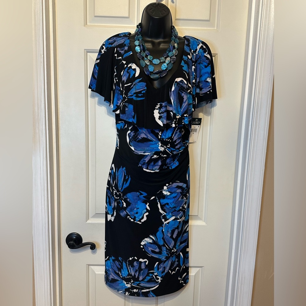 SG01-Ralph Lauren Blue and Black Sheath Midi Dress with Flutter Sleeves
